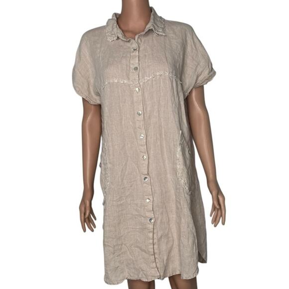 Azucar Dresses & Skirts - Azucar 100% Linen Short Sleeve Button Front Fringe Trim Shirt Dress with Pockets